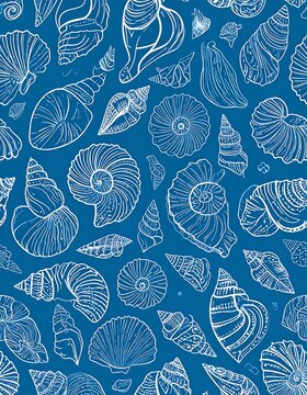 A pattern of white illustrated seashells on a vibrant blue background
