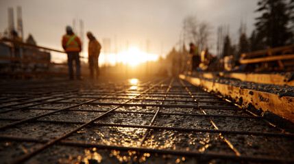 Construction site and construction workers in the early morning