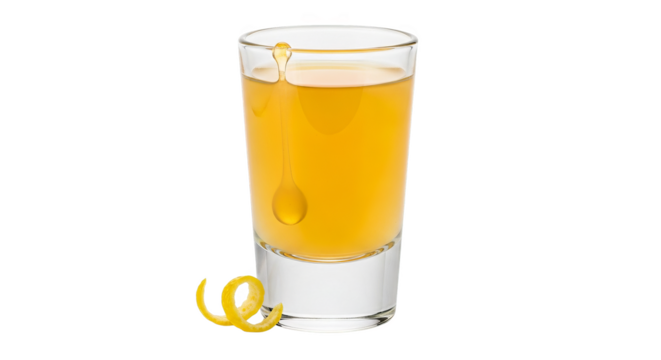 Golden liquid in a tall glass with honey drip and lemon peel