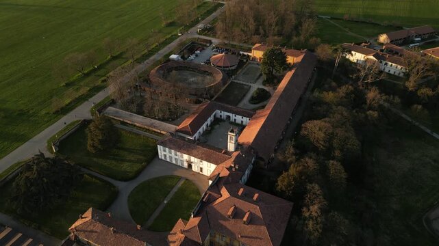 Equestrian school surrounded by greenery in Monza Park, Italy. Aerial view