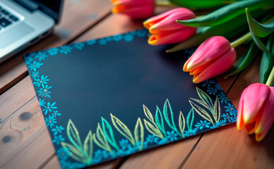 Mockup for International Women's Day with tulips and a decorative chalkboard
