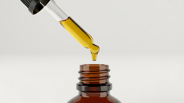 Golden oil droplet dispensed from pipette into amber glass bottle