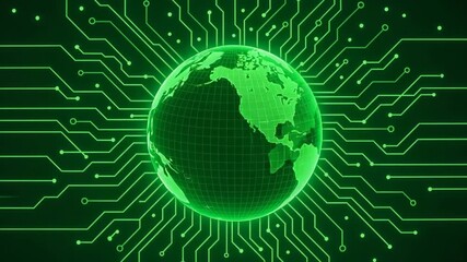 A vibrant green digital globe surrounded by circuit patterns, symbolizing the connection between technology and the world. - Powered by Adobe