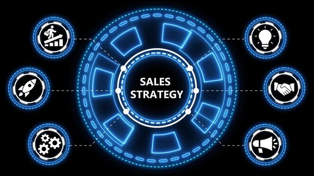 Animated illustration showcasing a dynamic sales strategy concept with relevant icons on black background