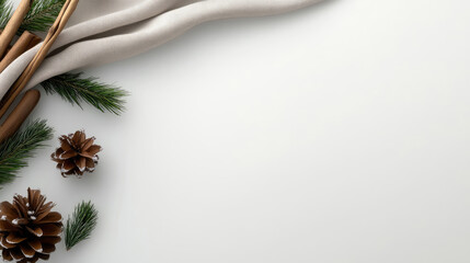 Festive holiday arrangement showing rustic pine cones, fragrant cinnamon sticks, evergreen branches resting on neutral fabric against clean white surface, embodying natural seasonal elegance