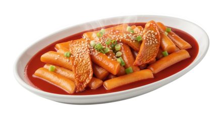 Tteokbokki in a white bowl with steam rising