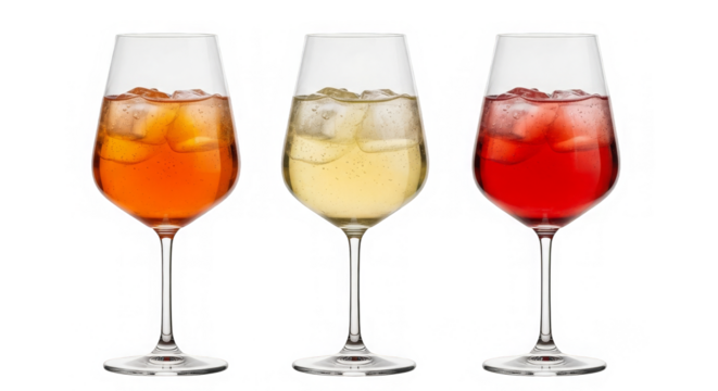 Three wine glasses with colorful drinks and ice
