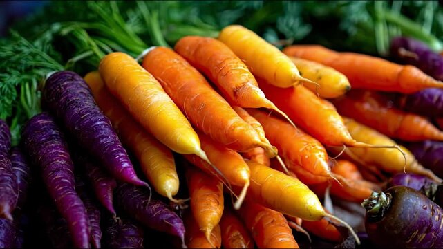A vibrant pile of freshly harvested carrots in shades of purple yellow and orange with their lush green tops visible in the background