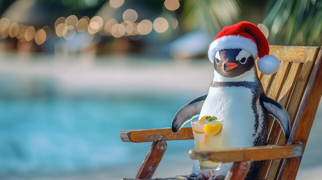 Cute penguin wearing a Santa Claus hat relaxing on a beach chair, sipping a tropical cocktail and enjoying a cheerful Christmas celebration on a sunny, sandy beach paradise - Powered by Adobe