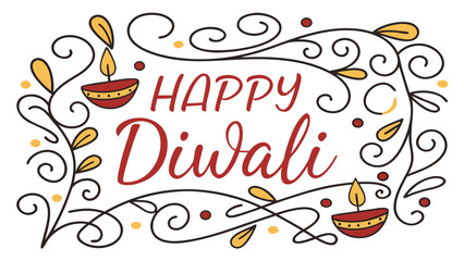 Celebrate the Festival of Lights with this Happy Diwali greeting featuring traditional diya lamps and elegant floral swirls, perfect for holiday wishes