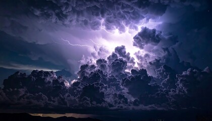 Naklejka premium Dramatic thunderstorm with intense lightning strikes illuminating dark, billowing cumulus clouds over land