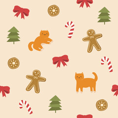Christmas seamless pattern with gingerbread and sweet  for wrapping paper, wallpaper, background, greeting card, scrapbook, textile, fabric print.