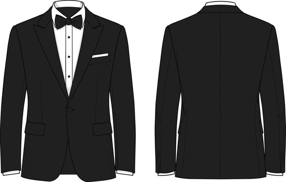 Elegant black tuxedo jacket front and back view with bow tie, dress shirt, pocket square, formal menswear fashion illustration vector