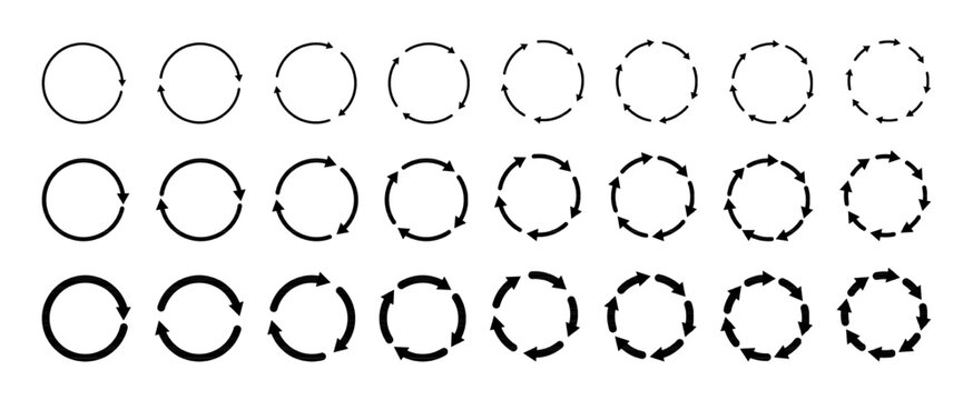 Circle arrows rotating collection on white background. Refresh, reload, recycle, loop rotation sign collection. Black circle arrows for infographics, web design. Vector illustration, design element. 
