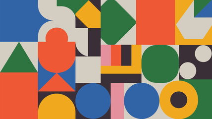 A colorful geometric pattern featuring squares circles and triangles in a grid like arrangement