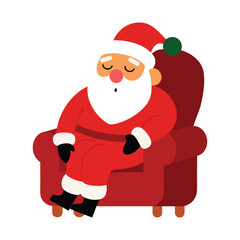 Santa claus peacefully naps in a red armchair after a long night of christmas work and gift delivery.