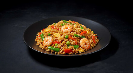 A black plate holds a vibrant mound of fried rice with shrimp, green beans, peas, carrots, and other vegetables against a dark background.