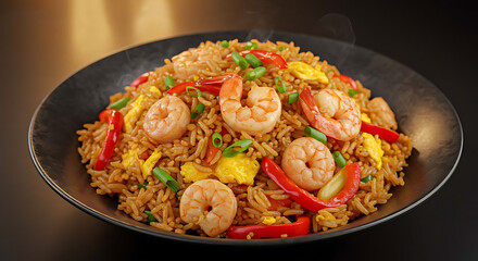 A plate of appetizing shrimp fried rice featuring large prawns, colorful peppers, scrambled egg pieces and green onions, presented on a dark plate.