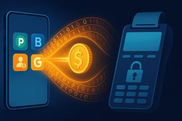 Modern rendering showcasing a secure digital payment process from mobile to terminal