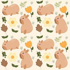 Cute capybara with leaves and flowers seamless pattern in beige background