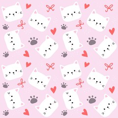 Cute cat face with hearts, paws and ribbons seamless pattern in pink background