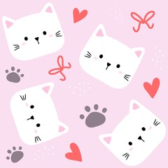 Cute cat face with hearts, paws and ribbons seamless pattern in pink background