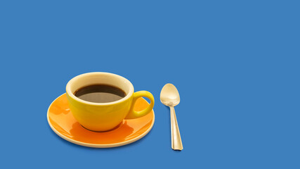 Close-up of a colorful porcelain coffee cup, saucer, and spoon, on a blue background with enough copy space for a calendar, card, or poster.