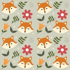 Cute fox face with leaves and flowers in a forrest seamless pattern in ligth green background