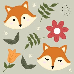 Cute fox face with leaves and flowers in a forrest seamless pattern in ligth green background