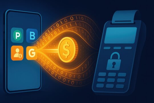 Modern rendering showcasing a secure digital payment process from mobile to terminal