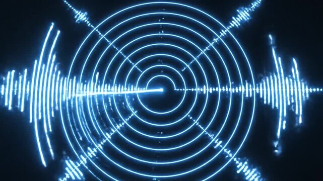 A vibrant blue radar screen displays concentric circles and waveforms, representing sound or signal analysis