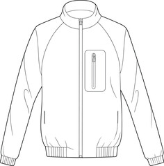 Men’s casual jacket front view, zipper closure, ribbed cuffs, chest pocket, fashion sketch, garment design, flat vector illustration