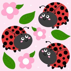 Cute ladybug with pink flowers and leaves seamless pattern in pink background