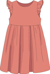 Pink sleeveless dress, ruffled shoulders, pleated skirt, elegant baby fashion, flared silhouette, flat vector illustration, stylish kids clothing, isolated clipart