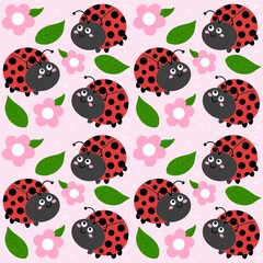 Cute ladybug with pink flowers and leaves seamless pattern in pink background