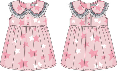 Pink star pattern children's dress, sleeveless design, Peter Pan collar, flared skirt, cute baby fashion, flat vector illustration, isolated clipart