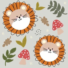 Cute lion face with leaves and mushrooms in a garden seamless pattern with green background