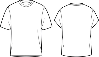 Plain white T-shirt front and back view, short sleeve top, round neckline, fashion sketch, garment design, flat vector illustration