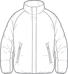 Puffer jacket technical drawing, fashion garment blueprint, insulated coat design, apparel construction sketch, textile engineering diagram, flat vector illustration