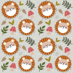 Cute lion face with leaves and mushrooms in a garden seamless pattern with green background