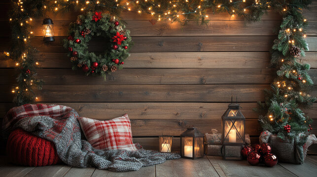 Festive christmas photo zone illuminating a cozy interior studio with warm glowing lanterns, adorned with a christmas wreath, garland, and plaid blankets, creating a rustic holiday ambiance