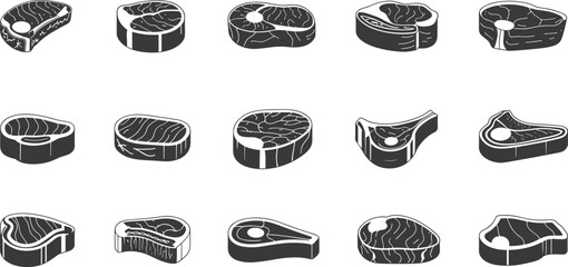 Steak cuts, meat diagram, butcher chart, beef illustration, culinary guide, food icon, kitchen graphic, flat vector illustration