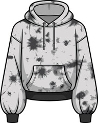 Splatter pattern hoodie design, front view sweatshirt sketch, drawstring hood apparel, ribbed cuffs and hem, fashion garment template, flat vector illustration