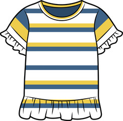 Striped ruffle shirt, yellow blue white pattern, short sleeves, casual kids fashion, flat vector illustration, playful children's clothing design clipart
