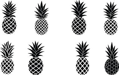 Stylized pineapple icons set, tropical fruit vector collection, black and white graphic design, abstract pineapple illustrations, flat vector illustration