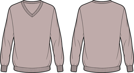 Sweater front and back view, V-neck fashion top, round neck apparel, ribbed cuffs and hem, clothing design template, flat vector illustration