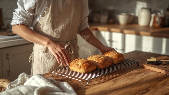 Baker Checking Fresh Baked Artisan Bread Loaves Cooling on Wire Rack in Rustic Home Kitchen