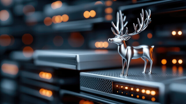 Metallic reindeer ornament resting on computer server rack, symbolizing festive technology and holiday spirit in sleek data center environment