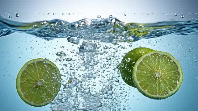 A lime cut in half splashes into clear water, creating a dynamic crown splash and ripples against a soft blue background