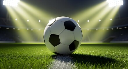 Fototapeta premium A closeup of a soccer ball on a vibrant green field under the bright lights of a stadium, ready for a night game